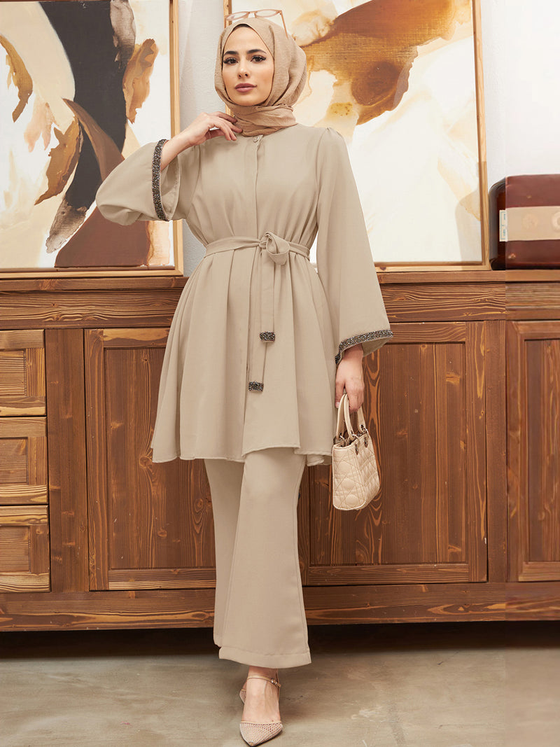 Rhinestone Embellished Top & Flared Pants Set