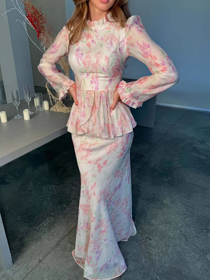 Elegant Ruffle Sleeve Printed Two-Piece Set Dress