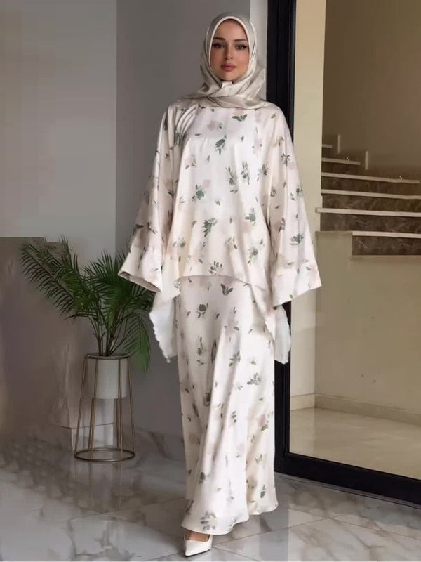 Printed Two-Piece Abaya Dress & Robe Set for Raya