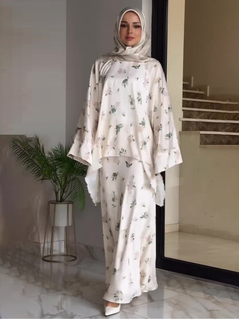Printed Two-Piece Abaya Dress & Robe Set for Raya