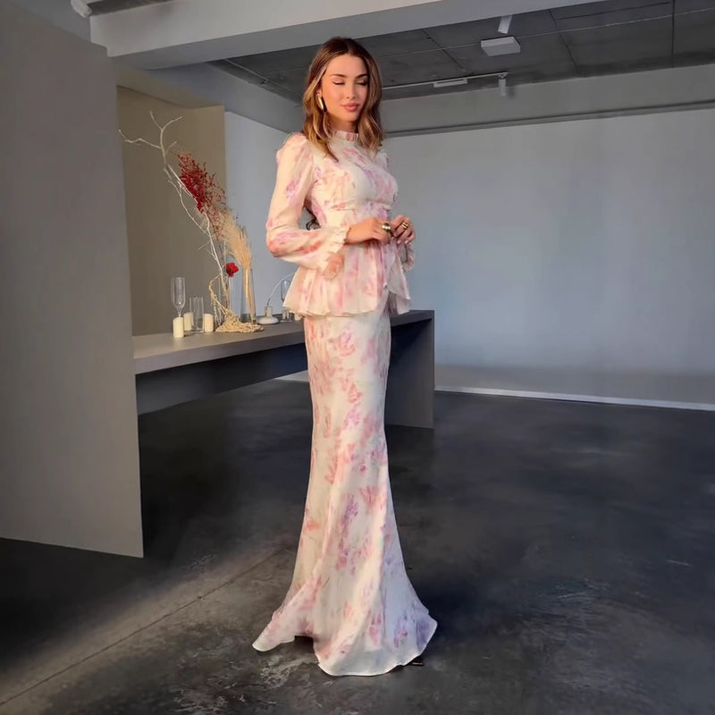 Elegant Ruffle Sleeve Printed Two-Piece Set Dress