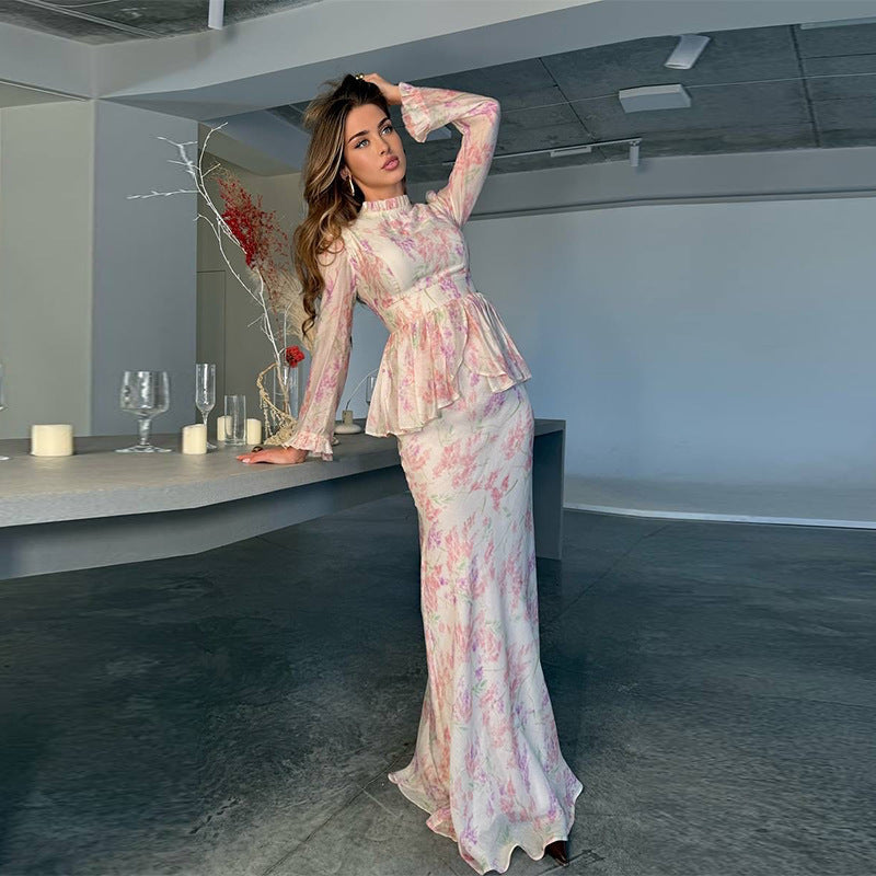 Elegant Ruffle Sleeve Printed Two-Piece Set Dress