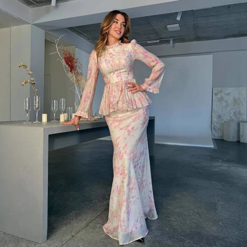 Elegant Ruffle Sleeve Printed Two-Piece Set Dress