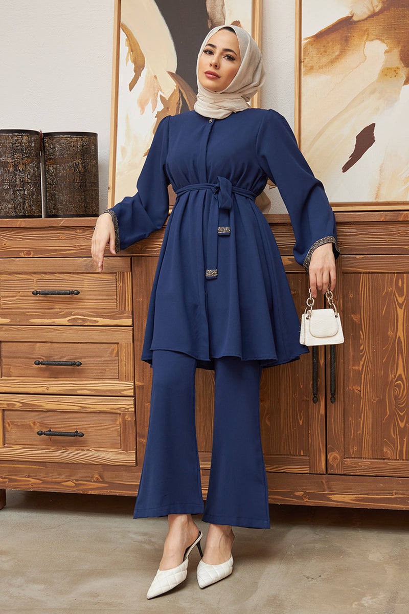 Rhinestone Embellished Top & Flared Pants Set