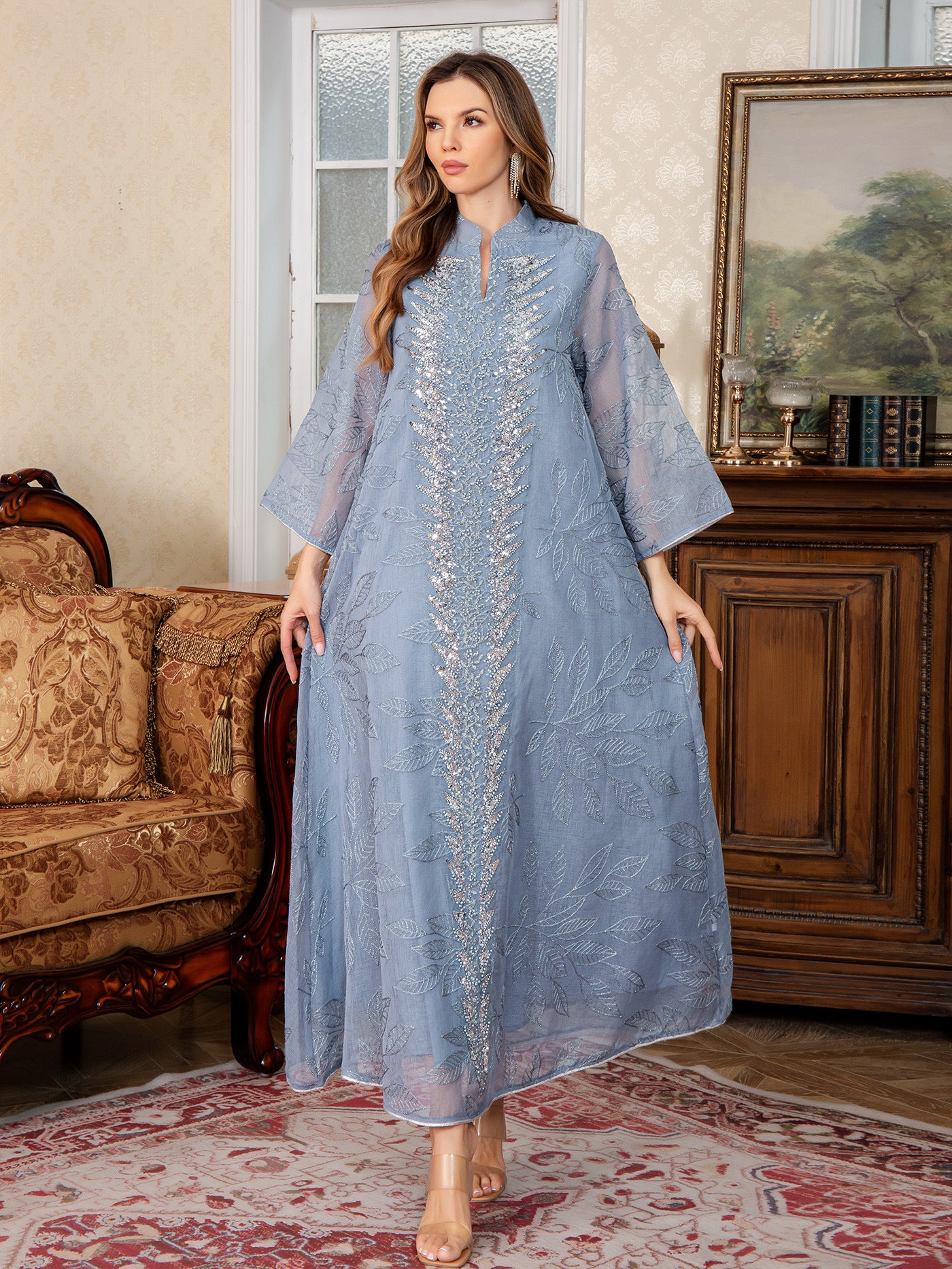 Chiffon Embroidered Abaya Dress with Sequins