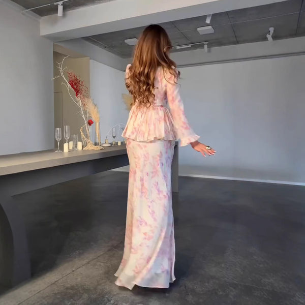 Elegant Ruffle Sleeve Printed Two-Piece Set Dress