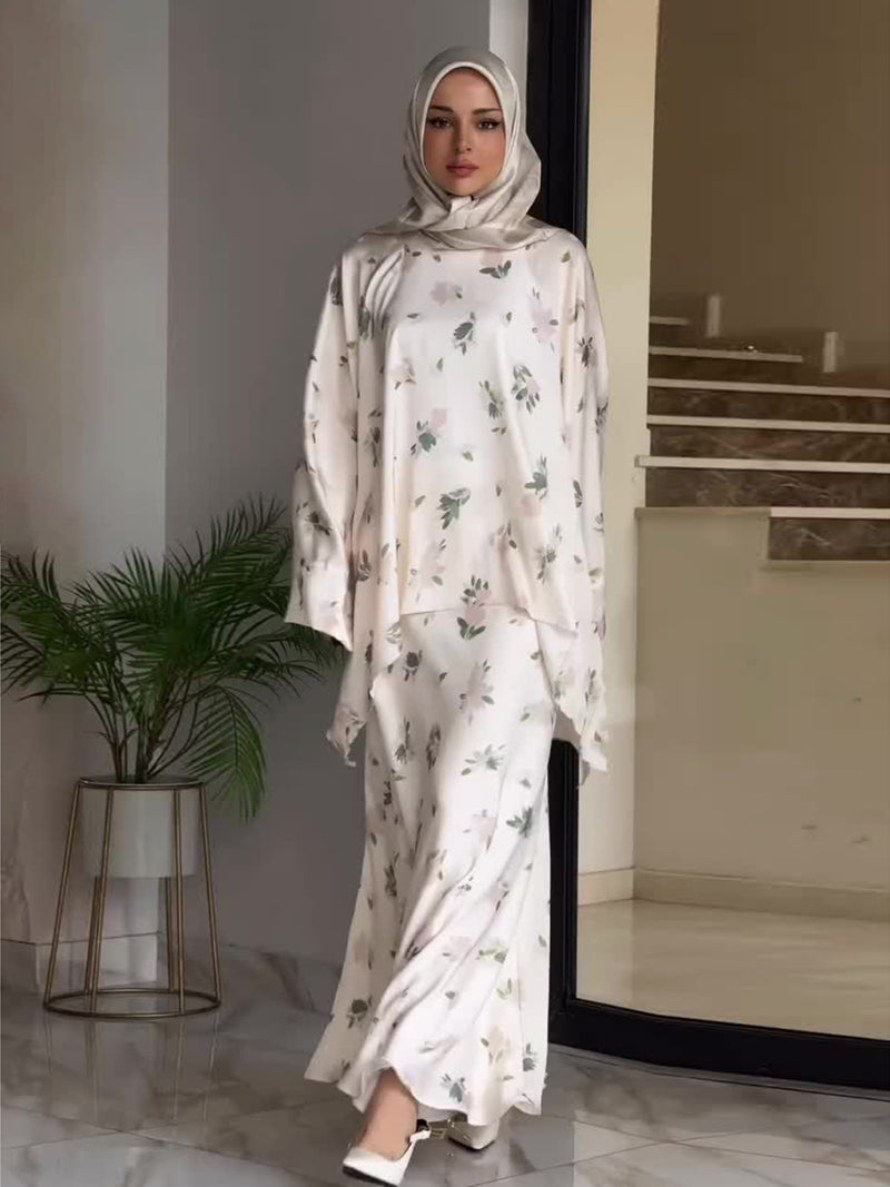 Printed Two-Piece Abaya Dress & Robe Set for Raya