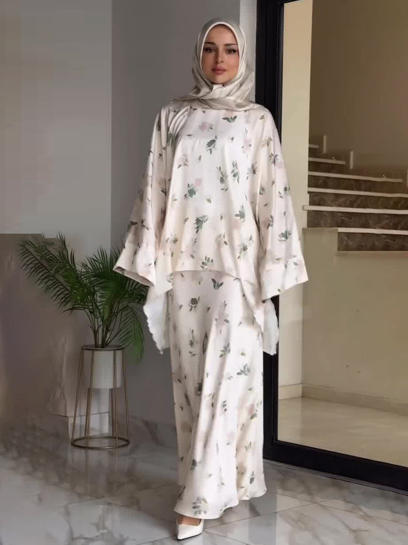 Printed Two-Piece Abaya Dress & Robe Set for Raya